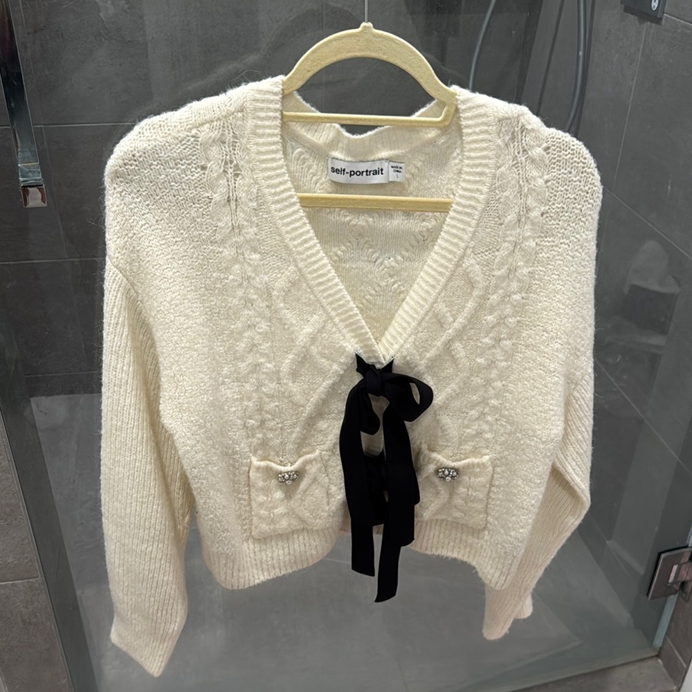 Self-Portrait Cream V-Neck Sweater with Black Ribbon